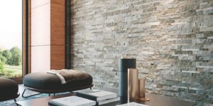 Акцентная стена в гостиной из камня 3D панели RKS SLATE Сланец Beige Slate Classic купить натуральный камень