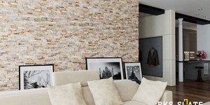 Акцентная стена в гостиной из камня 3D панели RKS SLATE Сланец Beige Slate Classic фото (11)